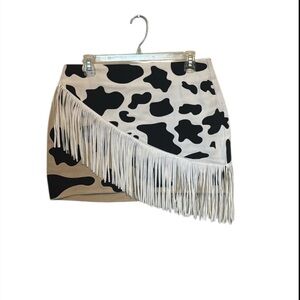 Fringed Black and White Cow Print Skirt